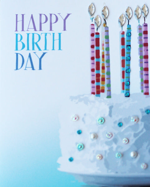 Happy Birthday cake with candles and stones card