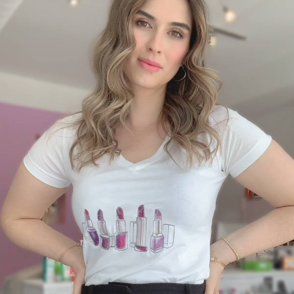 Embroidered V Neck Lipstick T Shirt