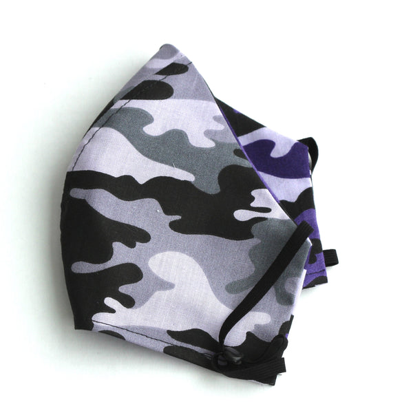 Camouflage Gray and Lavender with reverse Purple Black FaceMask
